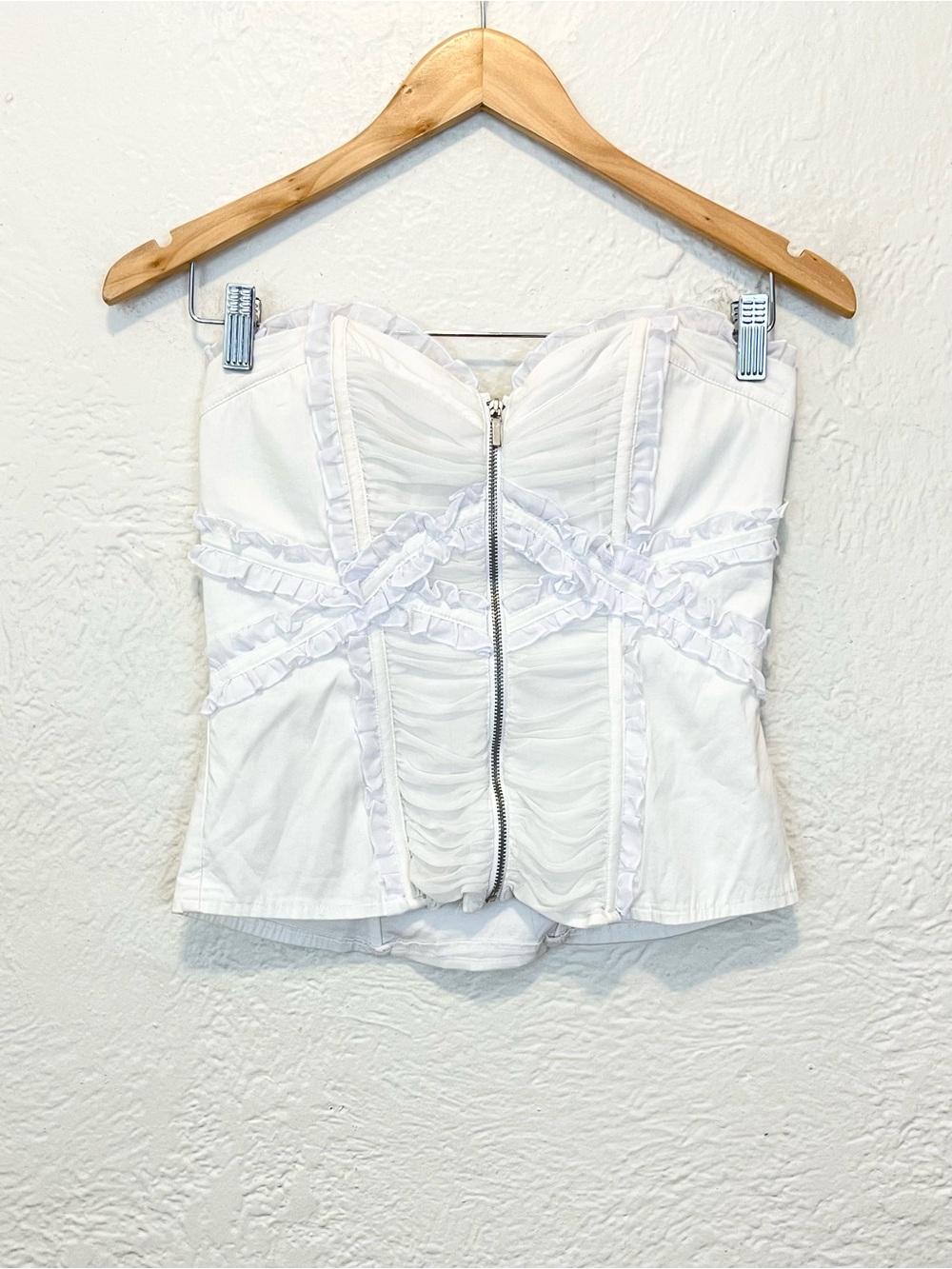 Vintage Bebe Corset Bustier Top White Ruffle Ruched Coquette Fairy 90s Y2K Small - Picture 7 of 11